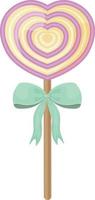 A bright heart-shaped lollipop with a green bow on a stick. A sweet lollipop on a stick. New Year s candies. Sweets for Valentine s Day. Vector illustration isolated on a white background