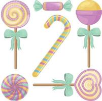 A bright set consisting of colorful candies and candies. Juicy lollipops of various shapes and sizes. Christmas sweets. Holiday candies. Vector illustration