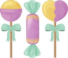 A bright set of three colorful candies of various shapes. Sweet heart-shaped lollipops, a round lollipop and a candy wrapper. Vector illustration isolated on a white background