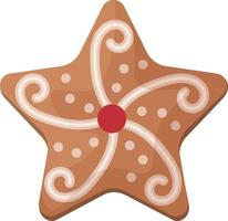 Cute gingerbread Christmas cake. New Year s gingerbread in the shape of a star decorated with patterns. Festive pastries. Christmas cookies in the shape of a house. Vector illustration isolated