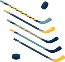 Sports set with hockey sticks. Ice hockey and field hockey sticks and two pucks in different angles. Sports equipment, vector illustration isolated on a white background