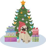 Cute Christmas illustration depicting a Christmas tree with gifts and a cute pug sitting surrounded by gifts. Children s New Year s illustration. Holiday card, vector illustration