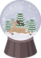 Christmas snow globe in cartoon style. A snow globe with a running Santa Claus reindeer and Christmas trees in the background. A Christmas accessory. A festive toy. Vector illustration