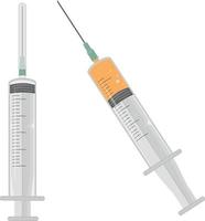 Two plastic medical syringes. A syringe with an orange drug and an empty one. Medical equipment for injections and vaccinations. Vector illustration on a white background