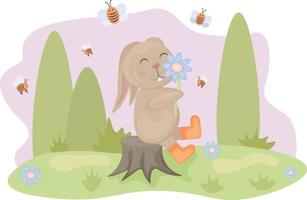 Cute cartoon rabbit. Spring illustration with the image of a rabbit. A rabbit is sitting on a stump with a flower in his hands, against the background of a forest and bees. Vector illustration