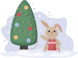 Rabbit under the Christmas tree. Christmas illustration of a rabbit with a gift sitting under a Christmas tree. New Year s illustration. Vector