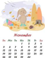 Calendar November. Cute rabbit. Autumn illustration with cartoon rabbit and hedgehog. The hare collects autumn leaves in an umbrella. Vector illustration