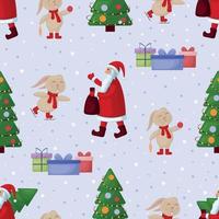 Christmas pattern. A pattern with the image of Santa Claus and a cute rabbit with a Christmas tree. Seamless New Year pattern. Vector illustration