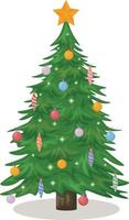 Christmas tree. Cute Christmas tree decorated with Christmas toys and garlands. Festive Christmas tree, vector illustration