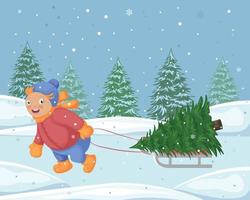 A boy with a Christmas tree on a sled. Winter illustration with a child pulling a sled on which a Christmas tree is lying. Landscape with winter forest and snow. Vector illustration