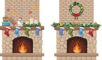 Fireplace. Christmas fireplace with a Christmas wreath and socks for gifts. Fireplace with fire and festive decorations. Vector illustration