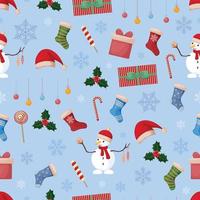 Christmas pattern. Seamless pattern with the image of a snowman, holly, sweets and gifts, socks and Santa Claus hats. Festive pattern. Vector