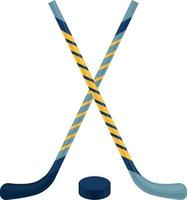 Two hockey sticks of different colors and a puck. Ice hockey and field hockey sticks. Sports equipment for game sports. Vector illustration isolated on a white background
