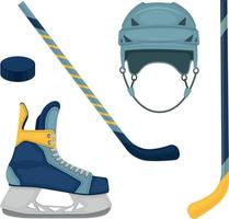 A sports set featuring hockey equipment, such as a hockey stick, helmet, puck and ice skates. Hockey collection vector illustration isolated on a white background