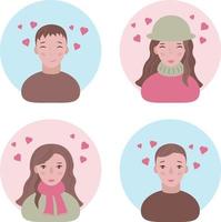 caras de joven personas en amor. avatares de contento hombres y mujer en amor. retratos de sonriente personas para enamorado s día. gracioso caras con corazones terminado su cabezas vector ilustración en dibujos animados estilo