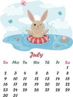 July is a cute, happy, cartoon rabbit. Summer calendar. Vector illustration of a rabbit. A rabbit splashes in the water, in a lifebuoy, against a clear sky, fish and water lilies