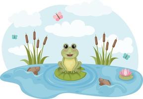 Frog. Vector illustration of a frog. A frog on the lake, sitting on a lily pad, surrounded by fish and butterflies. A lake with water lilies and reeds