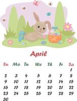 calendario abril. un linda Conejo es acostado con un cesta de Pascua de Resurrección huevos. calendario con dibujos animados Conejo. vector ilustración