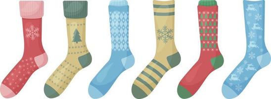A bright set with the image of Christmas warm socks in various colors and with different patterns. Warm socks with a print of snowflakes and Christmas trees. Cartoon-style socks. Vector illustration