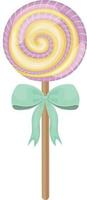 Bright Christmas candy in caramel with a green bow on a stick. Round sweet lollipop. New Year s candies. Christmas sweetness. Vector illustration isolated on a white background