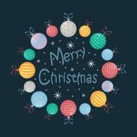 A bright Christmas card with a picture of colorful Christmas balls and snowflakes on a dark background. Greeting flyer for printing in cartoon style. Vector illustration