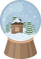 Christmas snow globe in cartoon style. A snow globe with a cozy house in the forest and Christmas trees in the background. A Christmas accessory. A festive toy. Vector illustration