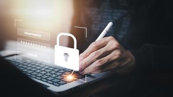 Cyber security and Security password login online concept  Hands typing and entering username and password of social media, log in with smartphone to an online bank account, data protection hacker photo