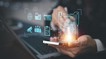 Man touch fingerprint with virtual global with cyber security, login, User, identification information security and encryption, secure access to users personal information, secure Internet access, photo