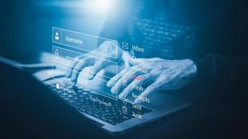 Cyber security password login online concept Hands typing and entering username and password of social media, log in with smartphone to an online bank account, data protection from hacker photo