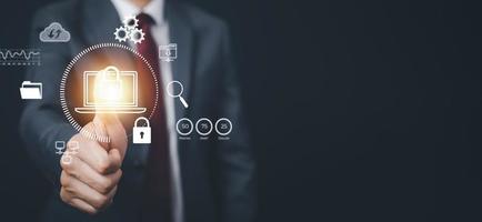Businessman hand touch virtual screen. Online documentation database, IT consultant being set up Virtual Document Management System with a laptop, Software for archiving corporate files. photo