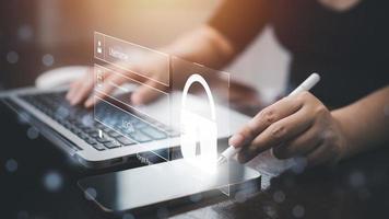 Cyber security and Security password login online concept  Hands typing and entering username and password of social media, log in with smartphone to an online bank account, data protection hacker photo