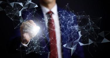 Digital transformation and metaverse universe concept, Businessman hand touching of digital data network transformation for next-generation technology, Creativity, the concept of ideas and innovation. photo