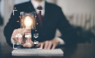 Man touch fingerprint with virtual global with cyber security, login, User, identification information cyber security and encryption, secure access to users personal information, secure Internet photo