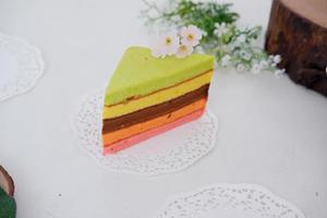 delicious rainbow cake slice as a background photo