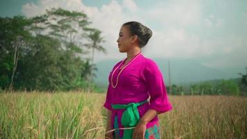 una mujer asiática disfrutando de la vista mientras cosecha el campo de arroz con un vestido rosa y una bufanda verde en su cuerpo en el pueblo video