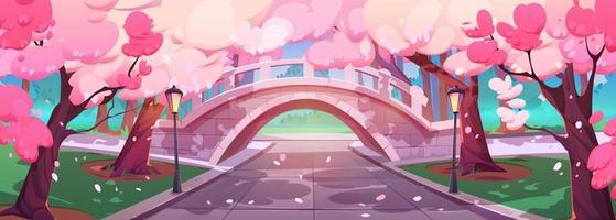 urbano parque carril con puente, floreciente sakura arboles