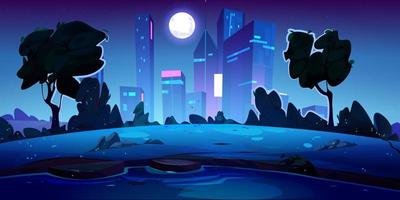 Summer night park with lake in city, moon light vector