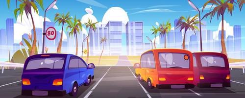 Cars on road in tropical summer city vector