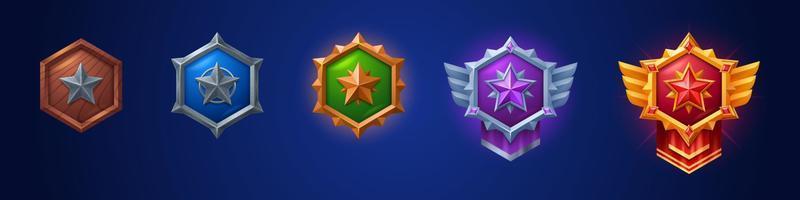 Cartoon set of game badges of different rank vector