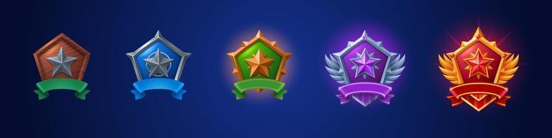 Cartoon set of game badges of different rank vector