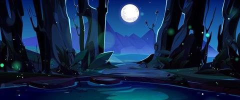 Mountain night valley scene with lake under moon vector