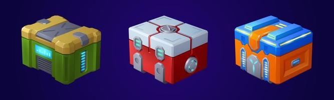 Game futuristic boxes, future technology chests vector