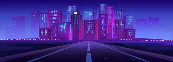 Skyline with city buildings and road at night vector