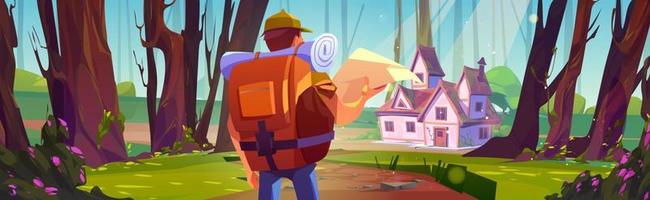 caminante con mochila y mapa en bosque con casa vector