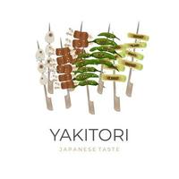 Vector Illustration Logo of Japanese Yakitori With  Chilli, Beef, Vegetables, and Quail Egg Grilled on Bamboo Skewer