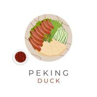 Logo Illustration Vector Of Peking Duck Served On A Wooden Plate And Eaten With Chinese Pancakes Vegetables And Delicious Sauce