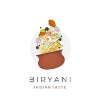 Biryani arroz vector ilustración logo con completar lado platos servido en un indio maceta