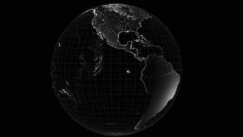 rotation de la terre filaire sur fond noir - zoom avant de la caméra video