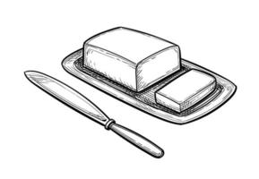 Butter and table knife. Ink sketch isolated on white background. Hand drawn vector illustration. Retro style.