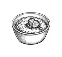 Oatmeal with blueberries and strawberries. Ink sketch isolated on white background. Hand drawn vector illustration. Retro style.